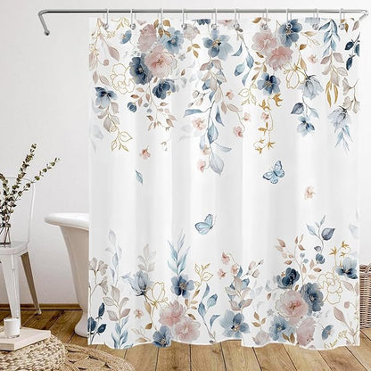 Pink Floral Butterfly Shower Curtain Blue and Gold Flower Design Country Botanical Nature Bathroom Decor with Hooks, 60 x 72 Inch