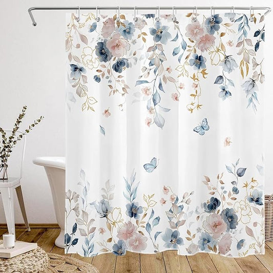 Pink Floral Butterfly Shower Curtain Blue and Gold Flower Design Country Botanical Nature Bathroom Decor with Hooks, 60 x 72 Inch