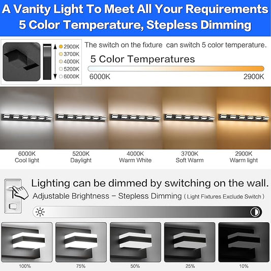 SOLFART Bathroom Light Fixtures, 5 Color Temperature Modern Vanity Lights, Black 6 Lights LED Lighting Light Color Adjustable 5CCT