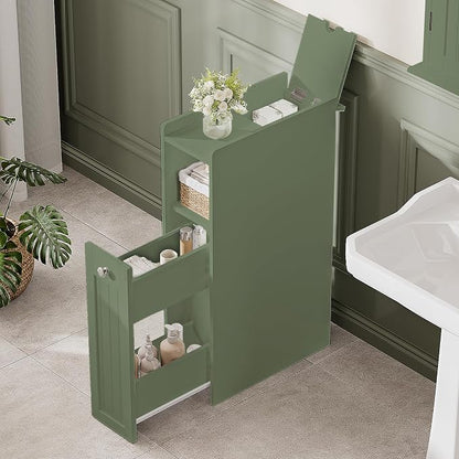 ChooChoo Slim Bathroom Storage Cabinet with Slide Out Drawers | Narrow Storage Organizer with Hidden Storage, Freestanding Toilet Paper Holder, Bathroom Cabinet for Small Places, Green