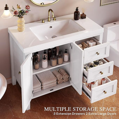 DWVO 42 Inch Bathroom Vanity with Sink, Modern Bathroom Storage Cabinet with Resin Basin, Three Holes, 2 Doors & 3 Drawers