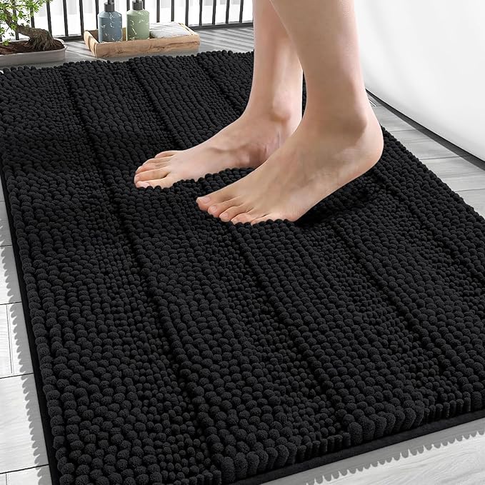 OLANLY Thick Bathroom Rugs 34x21, Soft Chenille Striped Bath Rugs, Black | Rubber Backing, Machine Wash, Extra Absorbent Bath Mats for Bathroom Floor, Tub and Shower, Home Decor Accessories