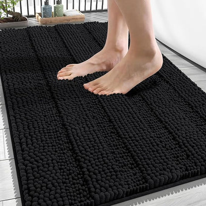 OLANLY Thick Bathroom Rugs 34x21, Soft Chenille Striped Bath Rugs, Black | Rubber Backing, Machine Wash, Extra Absorbent Bath Mats for Bathroom Floor, Tub and Shower, Home Decor Accessories
