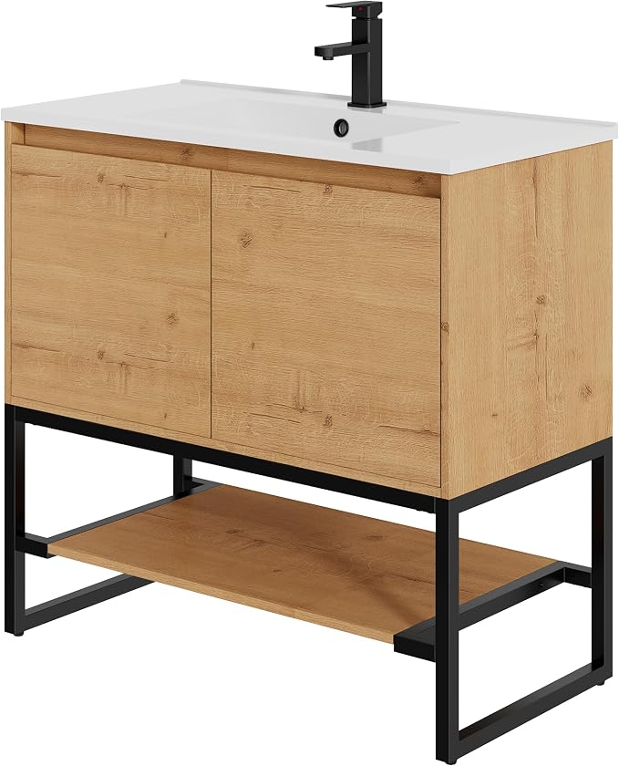 LUCKWIND 36" Modern Bathroom Vanity with Single White Sink Combo, Freestanding Storage Cabinet with Metal Frame, Matte Black Faucet and Open Shelf and 2 Soft-Closing Door, Natural