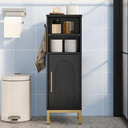 Bathroom Storage Cabinet, Corner Floor Cabinet with Door & Shelves, 2Hooks, Small Narrow Storage Organizer, Toilet Paper Cabinets for Small Space, Black SC06304GV1