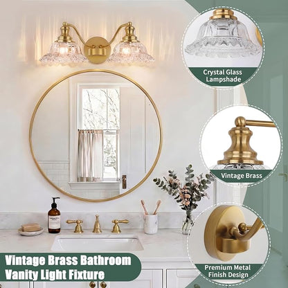 2 Lights Bathroom Vanity Light Fixtures, Vintage Brass Vanity Lights for Bathroom, Farmhouse Antique Light Fixtures Over Mirror with Crystal Glass Shade