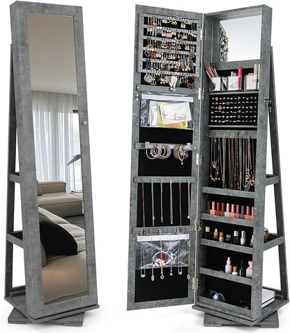 CHARMAID 360° Swivel Jewelry Armoire with Full Length Mirror, Standing Lockable Jewelry Cabinet Organizer, Large Storage Capacity, Inside Makeup Mirror, Back Storage Shelves (Stone Gray)