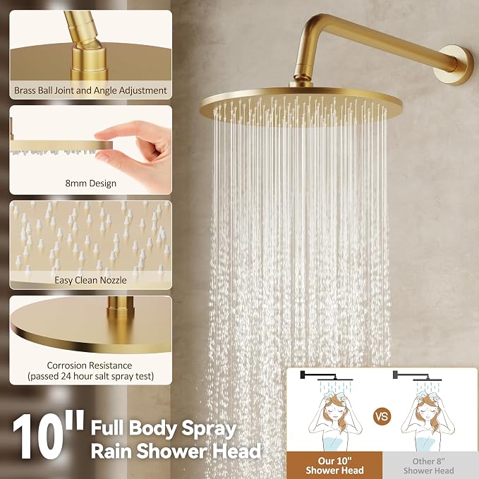 Tub Shower Faucet, Gold Shower Faucet Set with 10" Shower Head | All-Metal Bathroom Rainfall Showerhead and Bathtub Spout, Single-Handle Wall Mounted Tub Shower-Trim Kit Included Valve