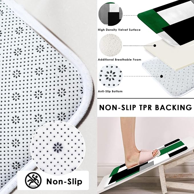 Bathroom Sets with Shower Curtain and Rugs, 4 Pcs, Geometric Green | Checkered Abstract Bathroom Decor Set with Toilet Lid Cover, Non-Slip Bath Mats and Accessories 12 Hooks