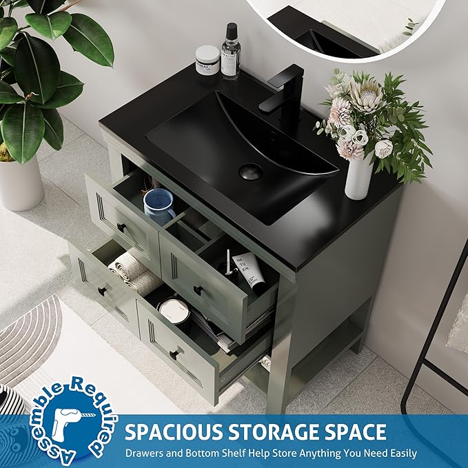 eclife 30" Bathroom Vanity with Sink Combo, Modern Painted Vanities Cabinet with Big Drawers, Opening Bottom Shelf, Raised Foot Pads, Include Undermount Black Sink, Faucet & Drain, Green