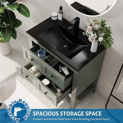 eclife 30" Bathroom Vanity with Sink Combo, Modern Painted Vanities Cabinet with Big Drawers, Opening Bottom Shelf, Raised Foot Pads, Include Undermount Black Sink, Faucet & Drain, Green