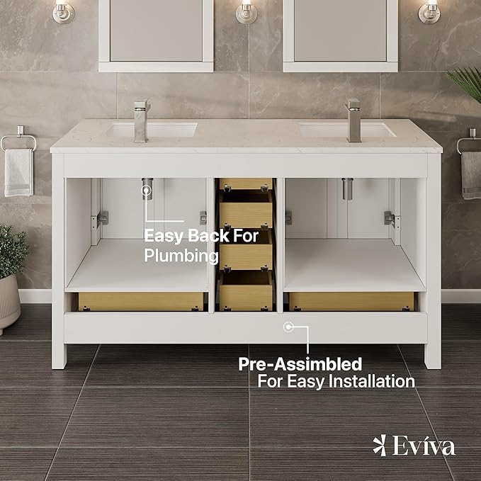 Eviva London 48 in. White Double Sink Bath Vanity with Carrara Quartz Top and Undermount Porcelain Sinks