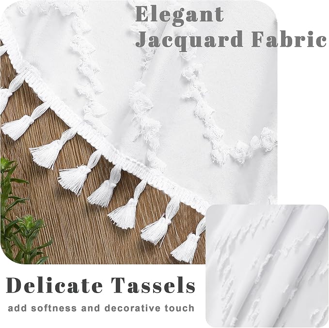 Extra Long White Boho Shower Curtain, Chic Tufted Chevron Striped Textured Fabric Cloth Shower Curtains with Tassel for Bathroom, Soft Hotel Style Farmhouse, Machine Washable, 72x84