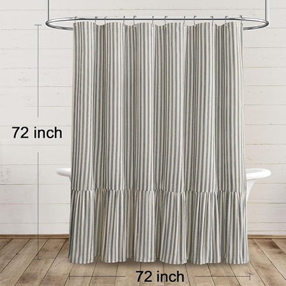 Farmhouse Shower Curtain Ruffle Linen Cream-Black Stripe 72"W x 72"L | Farmhouse Boho, Striped, Bottom Ruffle, Linen Fabric, Rustic, Country, Natural Look, Washable, for Bathroom Bathtub