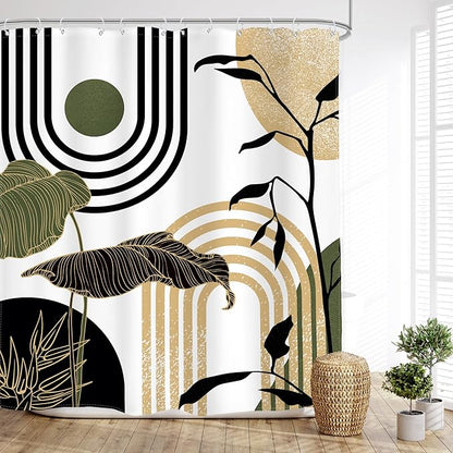 Glawry Green Gold Abstract Mid Century Shower Curtain Boho Retro Tropical Palm Sun Arch Minimalist Bathroom Modern Aesthetic Geometric 60Wx72L Inches Bath Accessories Home Decor Fabric 12 Pack Hooks