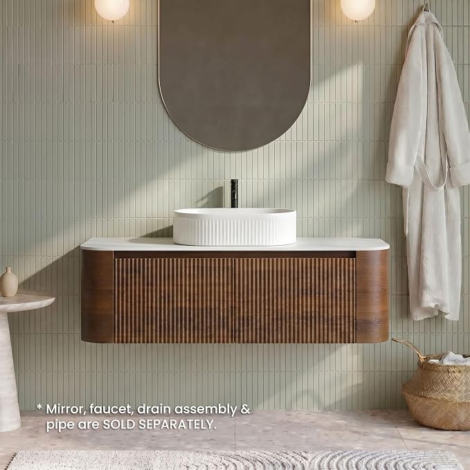 48" Preassembled Floating Bathroom Vanity with White Sink, Walnut | Mid-Century Modern Style, Fluted & Soft-Close Drawer with U-shaped Wall, Sinterted Stone Countertop, Towel Rack Included