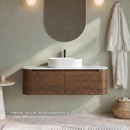 48" Preassembled Floating Bathroom Vanity with White Sink, Walnut | Mid-Century Modern Style, Fluted & Soft-Close Drawer with U-shaped Wall, Sinterted Stone Countertop, Towel Rack Included