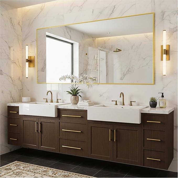 FICTOR Bathroom Vanity Mirror for Over Sink, 60" x 36", Gold | Anti-Rust Frame, Shatterproof Tempered Glass, Vertical/Horizontal Wall Mounted Mirror for Bedroom, Entryway, Living Room