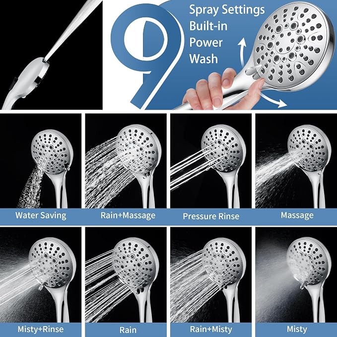 BRIGHT SHOWERS Stainless Steel Grab Bar Set – Includes Handheld Shower Head with Extra Long Hose, Shower Head and Hose Chrome Plated