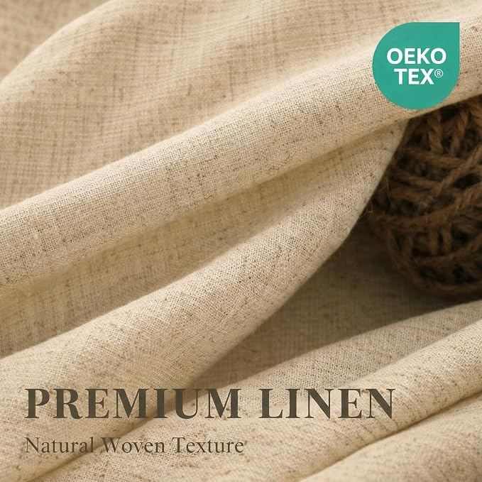 Scalloped Shower Curtain Linen Boho Flax Tan 72" W x 72" L | Linen Fabric, Black Border, Washable, Heavy Duty Cloth, Shower Curtain for Boho Farmhouse Bathroom Bathtub