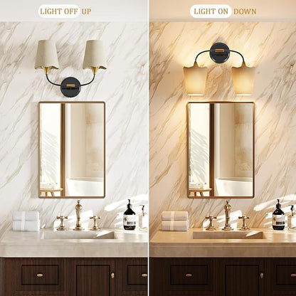 Morauroral Bathroom Light Fixtures Over Mirror, 2 Light Vanity Light for Bathroom, Black Gold Vanity Light Fixtures with Fabric Linen Shade, E26 Socket Sconce Wall Decor(ETL Listed)