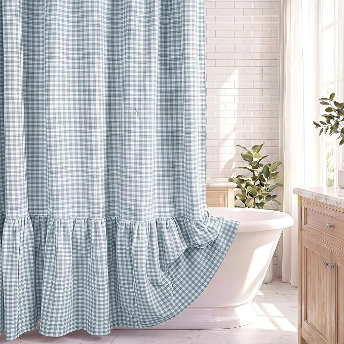 HunnmingRe Ruffle Hem Gingham Shower Curtain Dust Blue | 72'' x 72'' Vintage Farmhouse Curtain, Cotton Cottage Core Rural Checkered Plaid Decor, Fall Shower Curtain for Bathroom