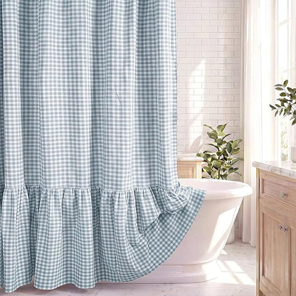 HunnmingRe Ruffle Hem Gingham Shower Curtain Dust Blue | 72'' x 72'' Vintage Farmhouse Curtain, Cotton Cottage Core Rural Checkered Plaid Decor, Fall Shower Curtain for Bathroom