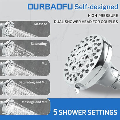 OURBAOFU Tandem Shower Heads, Double Shower Head for Couples, Dual Shower Head System for Two People, High Pressure and Adjustable Double Shower Heads (Silver) | Double Shower Head High Water Pressure,Adjustable 360° Rotation,48–78 In for bathrooms,Sta...
