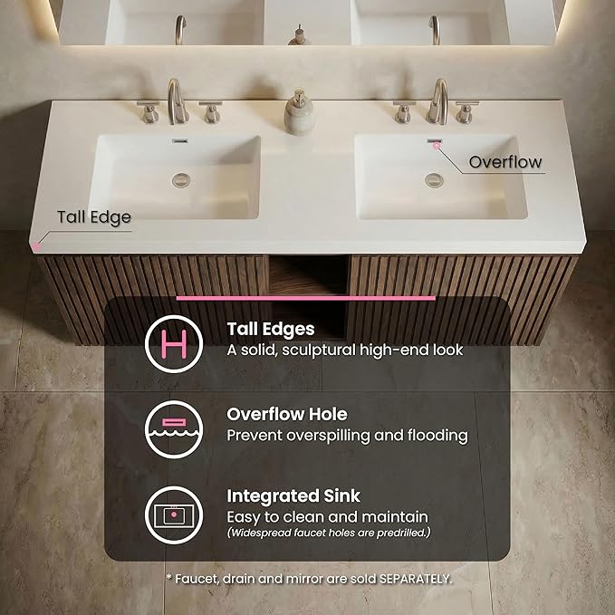 72" Bathroom Vanity with Sink Combo, Mid Century Modern Bathroom Cabinet with 4 Doors & Open Shelf, Glossy White Integrated Sink with Overflow, Brown Walnut