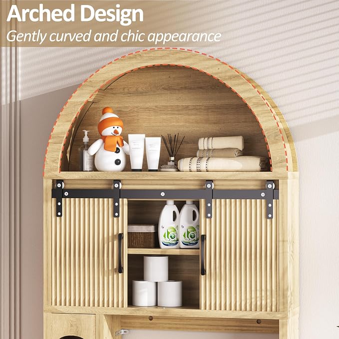 Spurgehom Wood Over Toilet Cabinet, Freestanding Arch Bathroom Organizer | Wood Arch Over Toilet Cabinet with Sliding Doors, Toilet Paper Holder & Anti-tipping Device, Bathroom Storage Unit