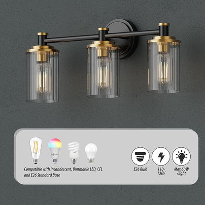 Bathroom Lighting Fixtures Black and Brass Bathroom Vanity Light with Cylindrical Clear Stripes Glass Lampshade E26 Socket Base Bathroom Lighting Fixtures Over Mirror (3 Lights)