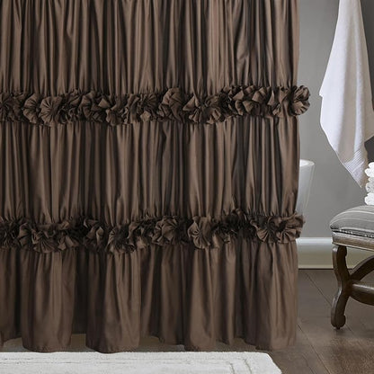 Homechoice Decor Victorian Chocolate Ruffle Shower Curtain 72" W x 72" H | Vintage Handcrafted Bow Tie Bath Curtain for Master Bathroom, Ruched Microfiber Bathroom Curtain with 12 Buttonholes (LQ-10)