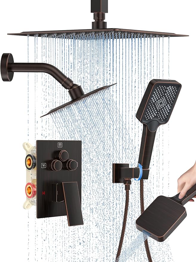 Woindo Shower Faucet Set, 10" Ceiling Mount Rainfall Shower System with 2 Rain Shower Head and Multi-function Handheld Head Push Button Diverter Shower Faucet Trim Kit