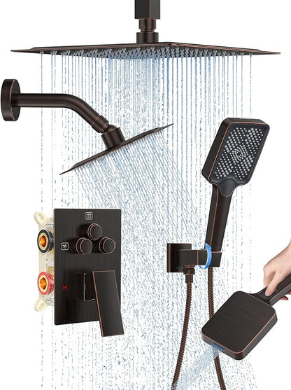 Woindo Shower Faucet Set, 10" Ceiling Mount Rainfall Shower System with 2 Rain Shower Head and Multi-function Handheld Head Push Button Diverter Shower Faucet Trim Kit