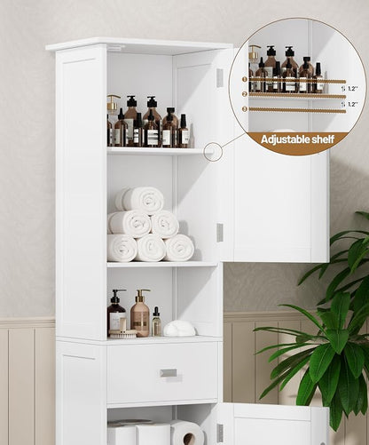 Akxomel 67" H Narrow Tall Bathroom Cabinet with 2 Doors and Storage Drawer | Floor Cabinet with Adjustable Shelves, Anti-Tip Design, 11.0 x 12.6 x 66.9 Inches, for Bathroom, Kitchen，Entryway, White