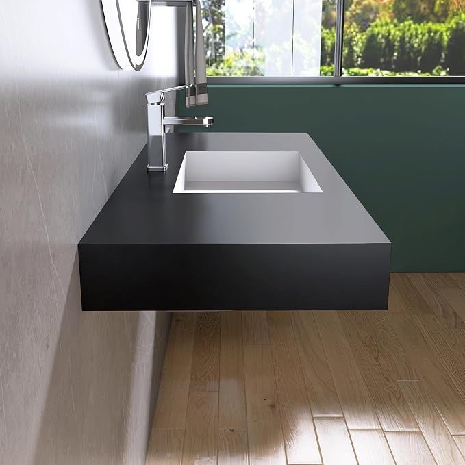 47"X19" Bathroom Sink with Single Faucet Hole, Stone Resin Wall-Mount or Floating Sink, Rectangle Solid Surface Countertop Vessel Sink with Mounting Brackets
