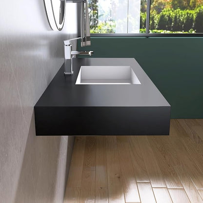 47"X19" Bathroom Sink with Single Faucet Hole, Stone Resin Wall-Mount or Floating Sink, Rectangle Solid Surface Countertop Vessel Sink with Mounting Brackets
