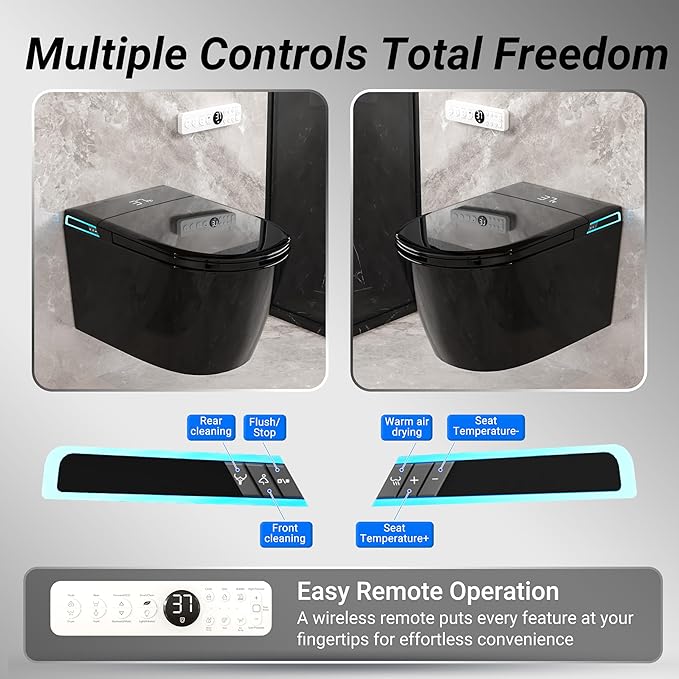 Black Smart Wall Hung Toilet Combo,Auto Flush, Auto Open/Close LId,Heated Seat,Warm Water/Dryer, Modern Elongated Bidet Toilet with In wall Carrier (No need to buy an additional Water Tank)