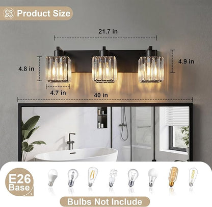 Modern Bathroom Vanity Light, 3-Light K9 Crystal Bathroom Lighting Fixtures Over Mirror, Black Vanity Light with Square Shade