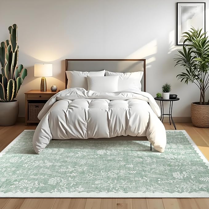 GarveeHome Washable 5x7 Rugs for Living Room Floral Scalloped Bedroom Area Rug, Non-Slip Dining Table Solid Neutral Throw Mat, Botanical Area Rug Carpet for Entry Basement Dorm Farmhouse, Green