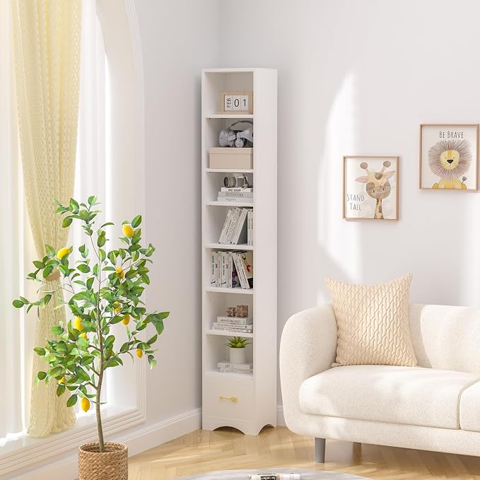 VECELO Tall Narrow Bookshelf with Drawer, 6 Adjustable Movable Shelves, Wood Space Saving Corner Storage Cabinet for Bathroom Bedroom, Pearl White