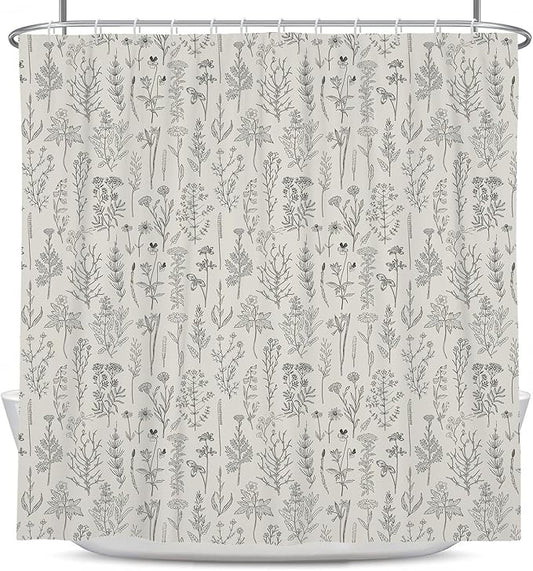Coxila Vintage Floral Shower Curtain Long Wide Beige Flower Retro Farmhouse Rustic Cream Country Ivory Botanical Spring Boho Cute Plant Nature Bathroom 72 x 72 Inch Polyester Fabric 12 Pack Hooks