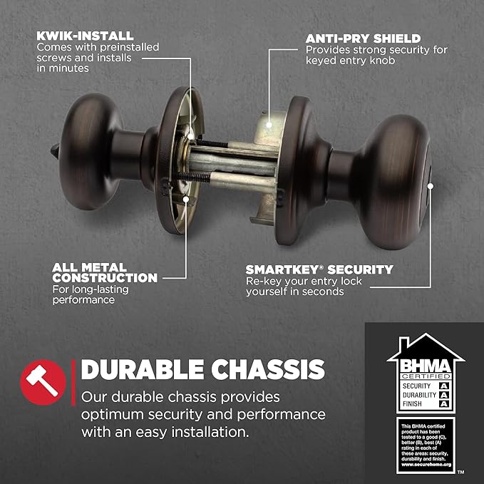 Kwikset Juno Entry Door Knob with Lock and Key, Secure Keyed Handle Exterior, Front Entrance and Bedroom, Venetian Bronze, Pick Resistant SmartKey Rekey Security and Microban