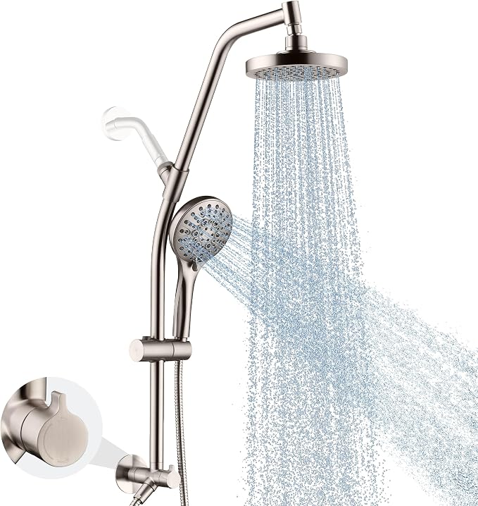 BRIGHT SHOWERS Rain Shower Head with Handheld Combo, Dual Shower System with Slide Bar, Rain Shower System, Adjustable Height, Brass Slide Bar & Diverter, 60 Inch Stainless Steel Hose, Brushed Nickel
