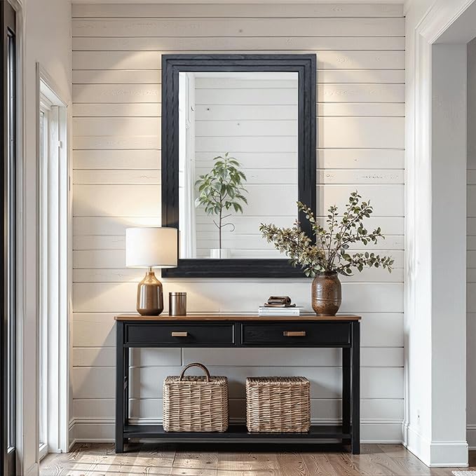 Farmhouse Rustic Wood Framed Bathroom Vanity Mirror for Wall, 26x38, Black | Recessed Stepped Solid Wood Frame, HD Shatterproof Glass, Vertical/Horizontal Mount, for Bathroom Sink, Living Room, Entryway