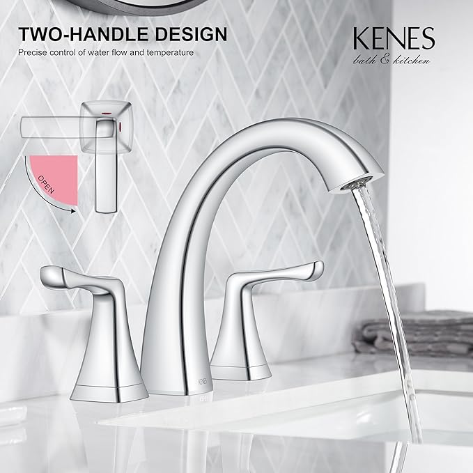 KENES Bathroom Faucets for Sink 3 Hole, Chrome 8 Inch 2 Handle Widespread Bathroom Faucet, Bathroom Vanity Faucet with Pop Up Drain & Supply Lines, LJ-9075-5