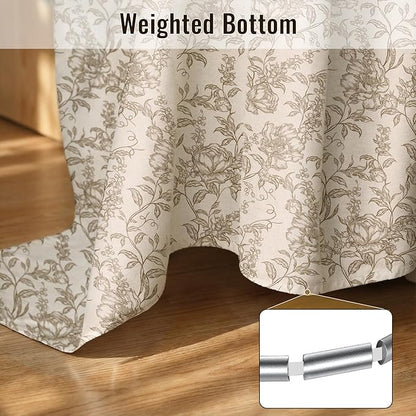 Farmhouse Brown Floral Shower Curtain with 12 Clear Rings 72"W x 84"L | Boho Fabric Faux Linen Shower Curtain Set, Vintage Cottagecore Shower Curtain for Bathroom