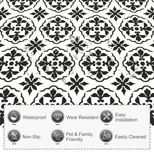 MORCART Peel and Stick Floor Tile, Self-Adhesive DIY Vinyl Flooring, Removable and Waterproof Tile Sticker for Bathroom, Kitchen, Wall, Fireplace (20PCS,7.87" x 7.87", Black Retro Design)