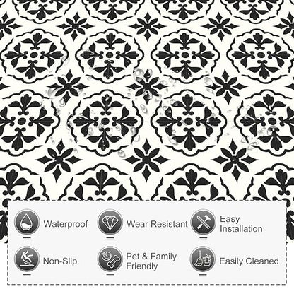 MORCART Peel and Stick Floor Tile, Self-Adhesive DIY Vinyl Flooring, Removable and Waterproof Tile Sticker for Bathroom, Kitchen, Wall, Fireplace (20PCS,7.87" x 7.87", Black Retro Design)