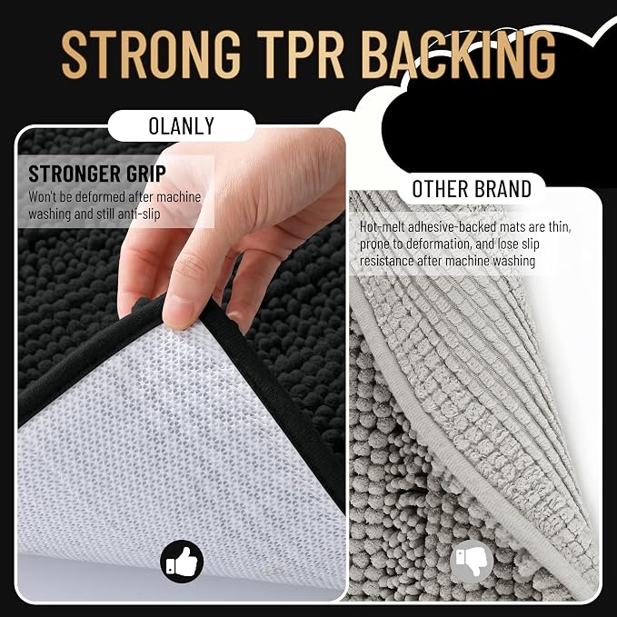 OLANLY Thick Bathroom Runner Rugs 44x24, Soft Chenille Bath Rugs, Black | Absorbent Striped, Rubber Backing, Machine Wash, Long Bath Mats for Bathroom Floor, Tub and Shower, Home Decor Accessories